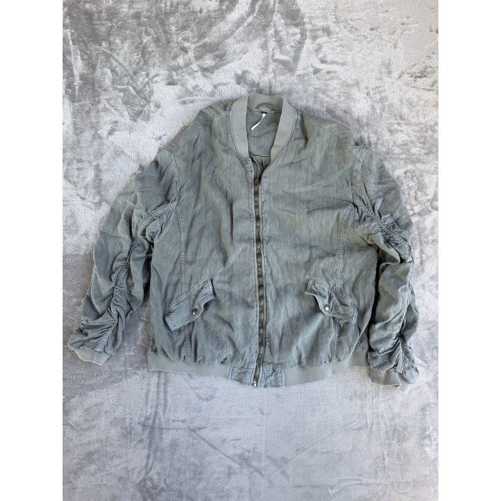 Free People Women's Medium Ruched Sleeve Bomber Jacket Olive Green Linen Blend - Picture 2 of 10